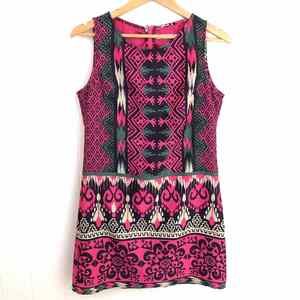 Umgee Bright Pink Black Aztec Eastern Boho Pattern Lined Sleeveless Mini Dress